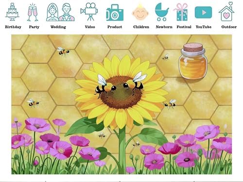 12x10ft Fabric Sunflower Honeycomb Bee Backdrop Poppy Honey Jar Background for Bee Garden Party Baby Shower Decorations Photo Shoot Studio Props - Image 3