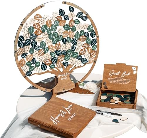 Tree Wedding Guest Book Alternative, Unique Drop Box Frame with Wooden Leaves, Rustic Wedding Decoration, Personalized Guestbook Set with Markers Stand for Reception Anniversary (Round, Mix Green Tr) by Handmade