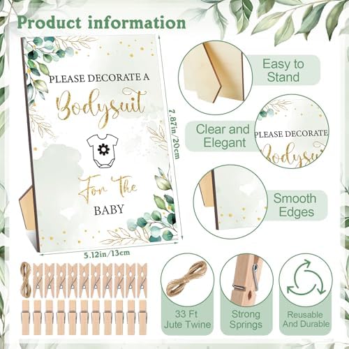 Panitay 126 Pcs Baby Shower DIY Bodysuit Set Bib 25 Blank White Newborn Bodysuit 25 Stencils 24 Marker 1 Sign 50 Pins(Greenery) - Image 4
