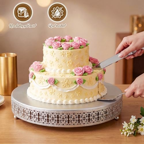 Wenqik Silver Metal Cake Stand 16 Inch with Cutting & Spatula - Image 4