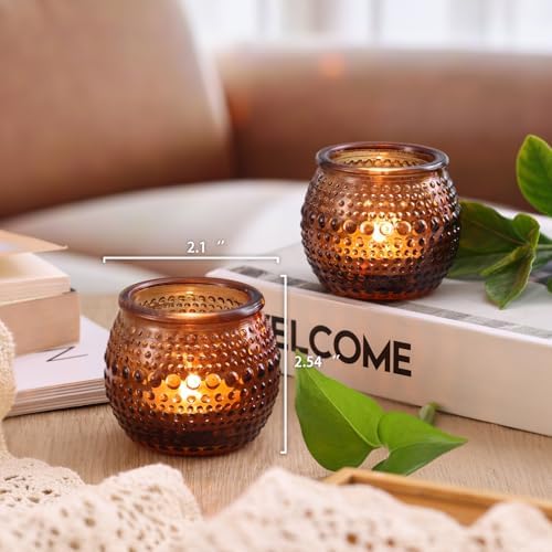 32 Pcs Amber Votive Candle Holders, Round Amber Glass Candle Holder with Polka Dot Embossed, Vintage Votive Candle Holders for Weddings, Home Decor, Baby Shower, Special Occasions - Image 3