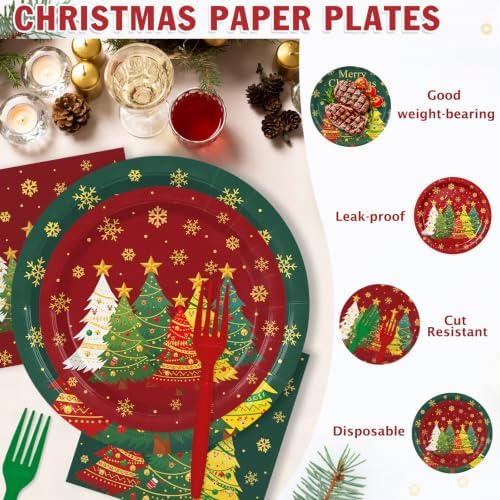 250 Pcs Christmas Plates and Napkins, 50 Guests Party Dinnerware Supplies Disposable Merry Christmas Tree Paper Plates Napkins Tableware for Winter Xmas Holiday Party Decorations - Image 5