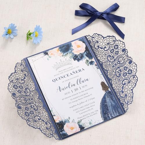 AdasBridal 50pcs Navy Blue Laser Cut Wedding Invitations Cards Blank - Image 4
