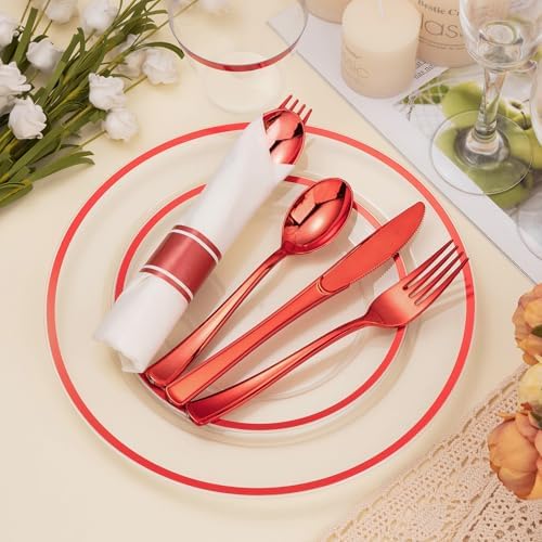 BESTSTAR 350PCS Clear and Red Disposable Plates Set for 50 Guests for Party - Image 5