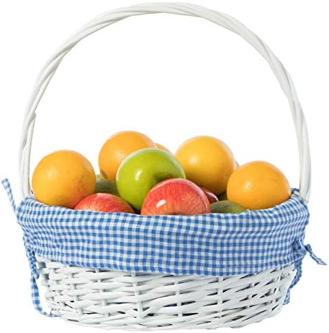 White Round Willow Wicker Gift Basket with Blue Gingham Liner & Handle, Medium – Decorative Foraging, Picnic, Storage Basket - Image 4