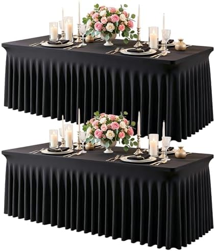 2 Pack Black Spandex Tablecloth for 6FT Rectangle Tables, Fitted Stretch Table Cover with Skirt, Wrinkle Free Washable Elastic Table Cloth for 6 Foot Folding Table, Wedding Banquet Baby Shower by Gogoparti