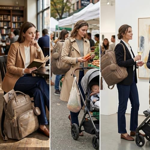 ROSEGIN Premium Vegan Leather Diaper Bag Backpack with Waterproof Changing Pad, Reinforced Zippers & Odor-Free, 20 Pockets Pro Organizer, Fits 15.6" Laptop, Stroller Straps, Baby Bag for Mom, Taupe - Image 4