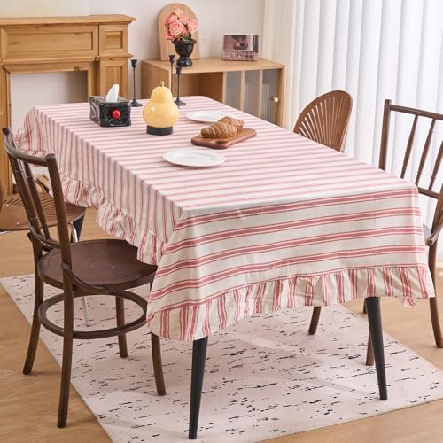 vctops Farmhouse Red Stripe Ruffle Table Cloth, Boho Cotton Linen Tablecloth, Washable Table Cover for Rectangle Table Baby Shower Kitchen Party Wedding Decor (Red A,70"x118") - Image 2