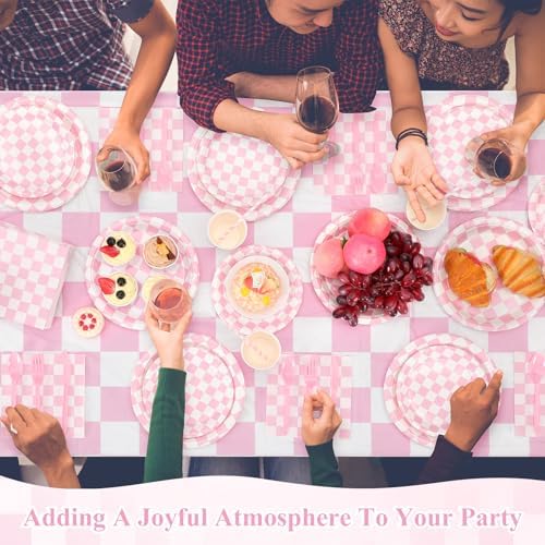 Funnymoom 452 Pcs Light Pink and White Gingham Party Supplies for 50, Pink Checkered Gingham Paper Plates Napkins Cups Tablecloth Cutlery Straws for Picnic Camping Birthday Baby Shower Decoration - Image 5