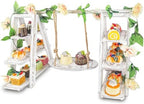 Wisreach Wooden 3 Tier Cupcake Stand with Swing and Flower Decoration Serving Removable Tray Display Serving Ladder Foldable Stand with Serving Platter Tray Party Food Display Set for Cake Snack Fruit Chips Bread Centerpieces Catering by Wisreach