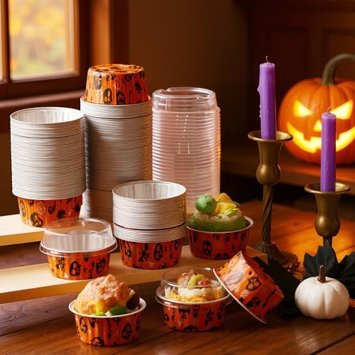 200 Set 5 oz Foil Baking Cup with Lid, Halloween, Orange - Image 3