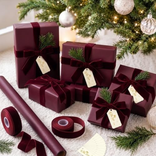 Burgundy Christmas Kraft Wrapping Paper 45 ft Velvet Ribbon 12 Gift Tags - Image 5