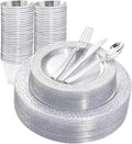 Ciaell 150PCS Clear Silver Plastic Plates - Silver Disposable Plates include 25Dinner Plate, 25Dessert Plate, 25Forks, 25Knives, 25Spoons, 25Cups for Weddings & Parties by Ciaell