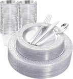 Ciaell 150PCS Clear Silver Plastic Plates - Silver Disposable Plates include 25Dinner Plate, 25Dessert Plate, 25Forks, 25Knives, 25Spoons, 25Cups for Weddings & Parties by Ciaell