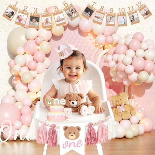 Hombae Beary First Birthday Decorations for Girl, Teddy Bear 1st Birthday Party Supplies, Pink Ivory Balloon Garland, Girl Baby Photo Banner, Bear Birthday Themed Decor Party Pack - Image 6