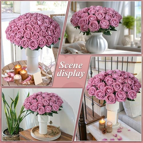 50 PCS Dusty Roses Artificial Flowers, Fake Roses with Stem Realistic Silk Roses for DIY Wedding Bouquets Tables Centerpieces Arrangements Baby Shower Birthday Home Decor Valentine's Day Gift for Her - Image 4