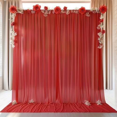 10ft x 10ft Red Backdrop Curtain Drapes, Wrinkle-Free Sheer Chiffon Fabric Photo Backdrop Panels for Wedding Arch Party Ceremony Stage Decoration by WishCare