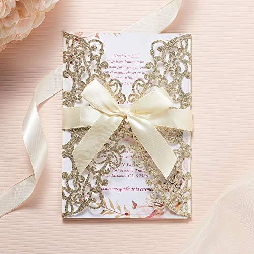 50Pcs Glitter Floral Laser Cut Wedding Invitation Cards Blank with Envelope - Image 2