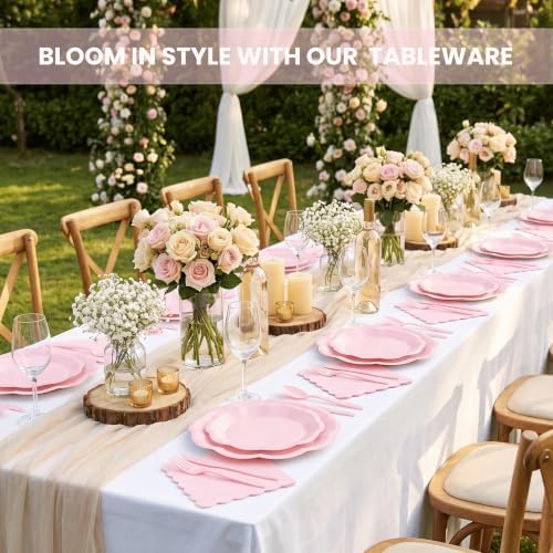 350 Pcs Pink Scalloped Disposable Plates Tableware Set for 50 Guests - Image 2