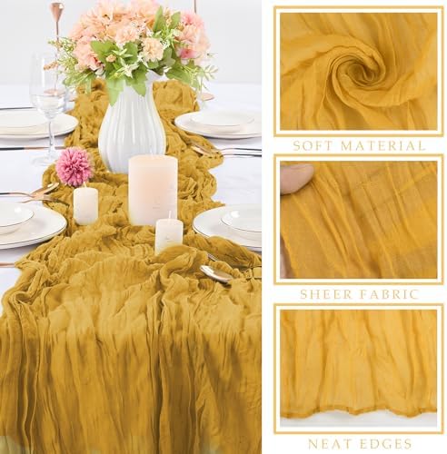 12 Pcs Mustard 35 x 120 Inches Long Cheesecloth Table Runner 10FT Runner for Tables Gauze Fabric Boho Table Runner Decoration Rustic Semi Sheer Runner for Wedding Baby Shower Birthday Party (Mustard) - Image 2