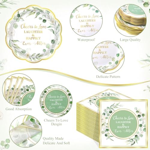 Funnymoom 250 Pcs Cheers to Love Sage Green Gold Eucalyptus Party Plates - Image 3