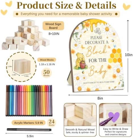 Winnie Baby Shower Blocks Game Set, Winnie Baby Shower Decorations, 24 Acrylic Paint Pens with 50 Blank Wooden Blocks, Fun Party Activity Set for Baby Shower Games, Gender Reveal & Decorations - Image 2