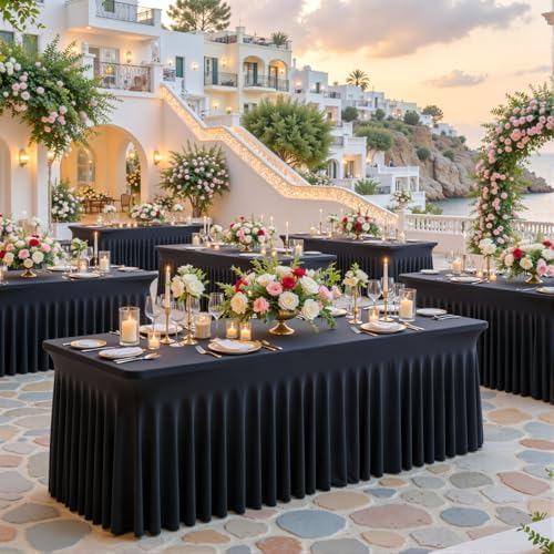 gogoparti 8 Pack Spandex Black Fitted Table Cloth for 6ft Rectangle Tables Black Stretch Tablecloth Table Covers Skirt Banquet Wrinkle Free Tablecloths for Parties Wedding - Image 2