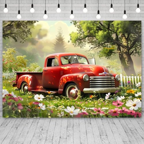 10x8ft Spring Backdrop Garden Red Truck Photography Background Colorful Flowers Green Grass Forest Natural Scenery Easter Banner Decorations Birthday Baby Shower Portrait Photo Booth Prop - Image 3