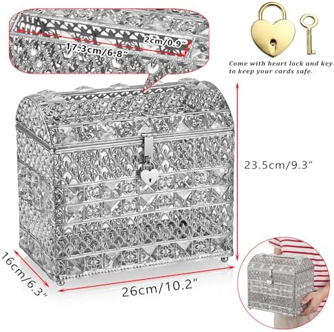 ELLDOO Crystal Wedding Card Box with Heart Lock, Vintage Money Card Box Treasure Chest Style Silver Gift for Wedding Receptions, Centerpiece Decor, Anniversary Keepsake, Gift, Small Size - Image 3