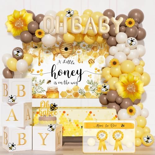 Bee Baby Shower Decorations for Boy or Girl – 111PCS Honey Bee Theme Party Supplies with Backdrop, Balloon Garland, Tablecloth, Boxes, Sash and Badges by Fiesec