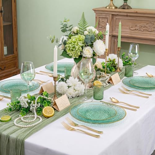 Rubtlamp 350 Pcs Green Plastic Dinnerware Set, Green and Gold Plastic Plates, Hammered Party Plates Include Dinner Platos, Dessert Platos, Cups, Gold Cutlery Set And Napkins for Party - Image 4