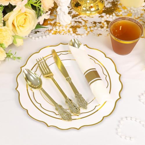 Sylans 350PCS White Gold Plastic Plates Disposable Dinnerware for 50 Guests - Image 4