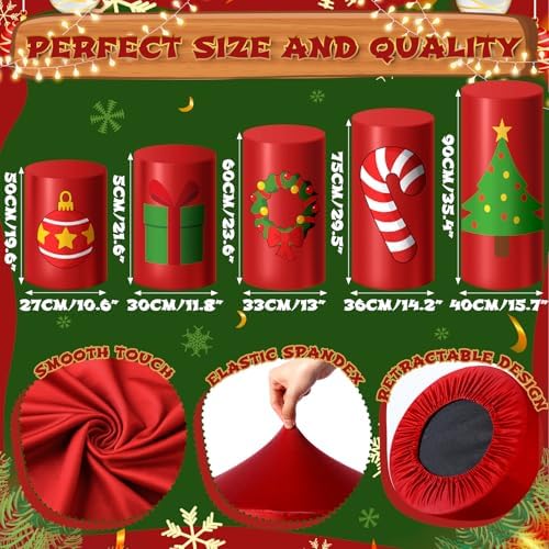 HunnmingRe Set of 5 Spandex Cylinder Stand Covers for Party Christmas Red Cylinder Covers Xmas Party Decorations Dessert Table Display for Christmas Birthday Baby Shower Backdrop - Image 3