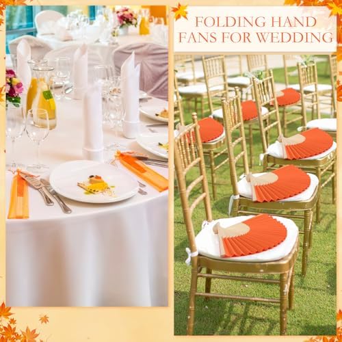 Roowest 50 Pack Paper Folding Fans Bamboo Wedding Favors, Orange - Image 4