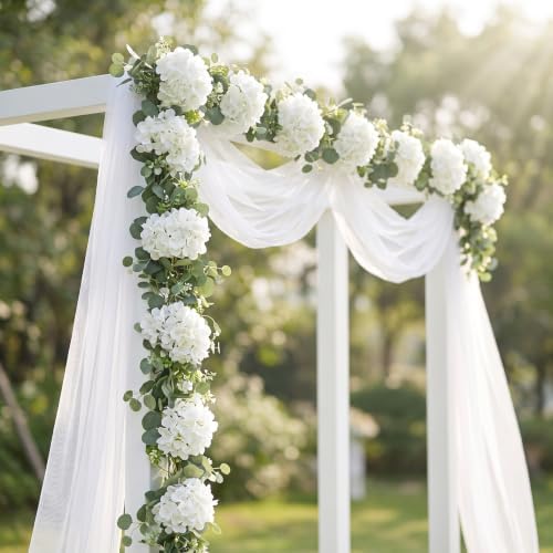 Artificial Hydrangea Flower Garland with Eucalyptus & Baby’s Breath 2PCS 6FT Floral Vines Greenery Garland for Mantel Wedding Arch Table Centerpiece Coastal Home Outdoor Decor (2, White) - Image 2