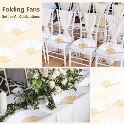Aodaer White Paper Fan Set 120 Pack Folding Hand Fans with Organza Gift Bags Wooden Storage Box Display Sign and White Ribbon Handheld Fan for Wedding Favors Bridal Shower Party Supplies - Image 6