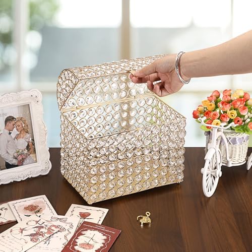 ELLDOO Crystal Wedding Card Box with Heart Lock, Money Card Box Treasure Chest Style Gold Gift for Wedding Receptions Centerpiece Decor Anniversary Keepsake Gift Display Csae, Medium - Image 4
