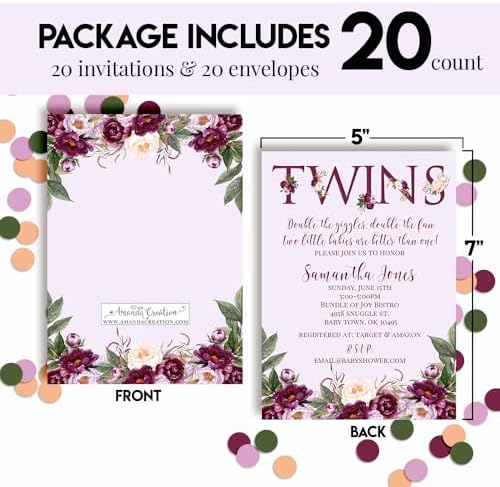 Amanda Creation Custom Baby Shower Invites Watercolor Purple Peony Twins Baby Shower Invitations 20 5x7 Custom Personalized Invites With Envelopes - Image 4