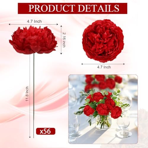 Peonies Artificial Flowers Bulk, 4.7’’ 56 Pcs Fake Peonies -Dark Red - Image 2