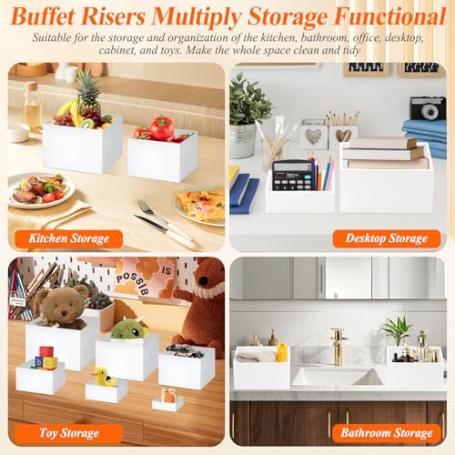 8 Pcs White Buffet Risers with Mini Table Sign, Serving Tongs, Acrylic Food Risers for Buffet Table Display Stand Shelf for Party Catering Dessert Jewelry Collectibles (Size 9" 8" 7" 6" 5" 5" 4" 4") - Image 5