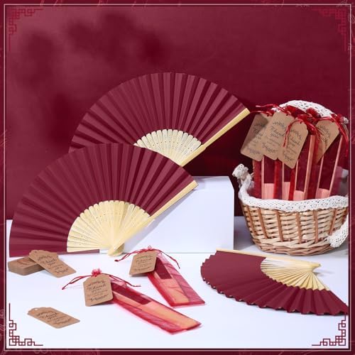Roowest 50 Pack Paper Folding Fans Bamboo Wedding Favors, Burgundy Wine - Image 4