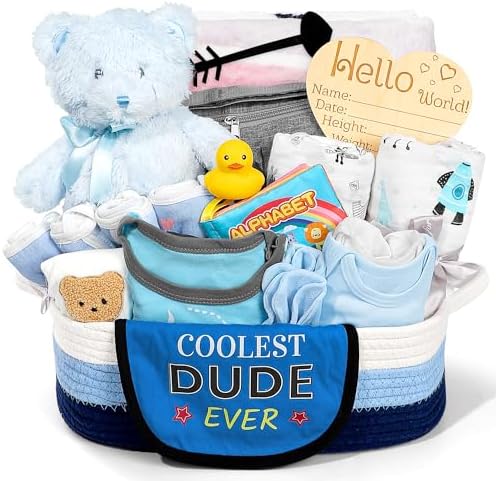 iAOVUEBY Baby Gift Set for Newborn, New Baby Boy Gift Basket, Newborn Essentials Hat Onesie Bear Toys Keepsake Blanket Infant Diaper Changing Pad Bibs, Baby Shower Gifts for Boys by iAOVUEBY