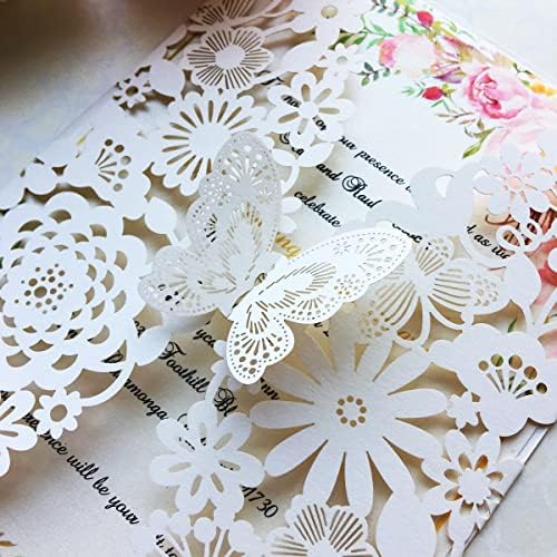 Hosmsua 5.12 x 7.3 Inches 20PCS Ivory Wedding Invitation Cards with Butterfly and Envelopes Laser Cut Lace Flora Invitation for Wedding Engagement Quinceanera Sweet 16 Birthday Party (Ivory) - Image 6
