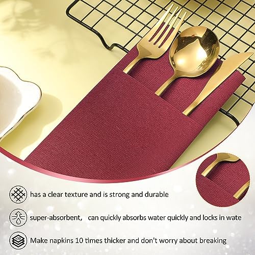Cindeer 75 Pcs Burgundy Linen Dinner Napkins with Built in Flatware - Image 4