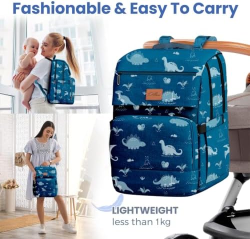 PILLANI Baby Diaper Bag Backpack - Large Waterproof Travel Diaper Bag for Boys & Girls, 16 Organizer Pockets with Changing Pad, Insulated Bottle Pockets & Stroller Straps, Baby Shower Gifts, Dinosaur - Image 6