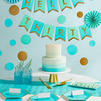 Hallmark Crayola Hallmark Color Pop Party Decorations Set - Aquamarine Blue and Gold (Customizable Banner, Reversible Table Runner, Paper Fan Flowers, Paper Dots) for Birthdays, Baby Showers, Holidays - Image 2