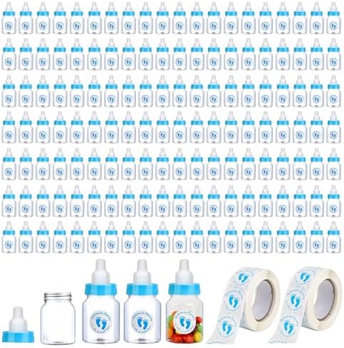 144 Blue Mini Baby Bottles for Baby Shower Favors - Plastic, Vented, Standard Bottle, 5.5 oz, Set of 144 with 500 Stickers - Baby Boy Shower Party Games Decorations by Patscorai