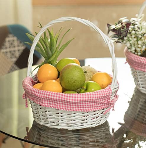 White Round Willow Gift Basket with Pink Gingham Liner & Handle, Mediun – Empty Christmas Basket for Gifts, Holiday Wicker Basket, Basket to Fill - Image 3