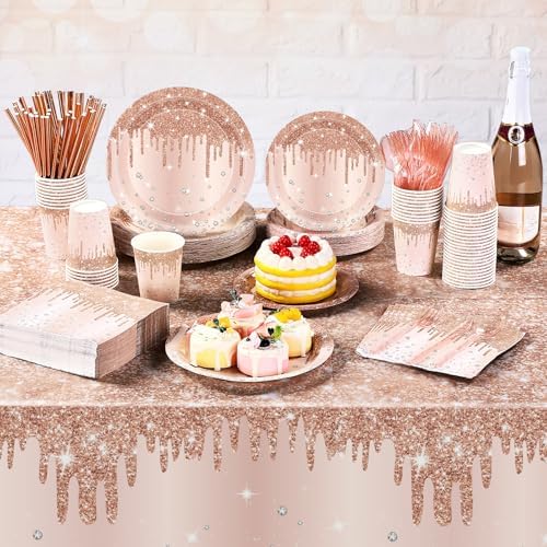 Funnymoom 452 Pcs Rose Gold Party Supplies Birthday Decorations Include Glitter Rose Gold Paper Plates and Napkins Cups Tablecloth Cutlery Straws Disposable Tableware Set for Women Birthday - Image 6