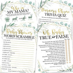 Hadley Designs 25 Greenery Word Scramble For Baby Shower, 25 True Or False Game, 25 Baby Animal Matching, 25 Nursery Rhyme Game - 4 Double Sided Cards Baby Shower Ideas, Baby Shower Party Supplies by HadleyDesigns